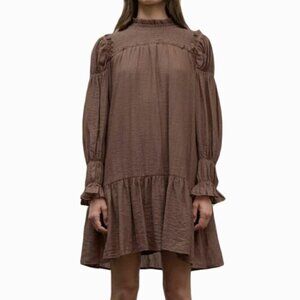 MOON RIVER Women's Small Brown Smocked Puff Sleeve Mini‎ Shift Dress Romantic